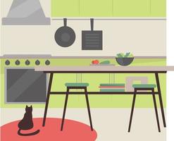 Kitchen interior design, stove and furniture decor vector
