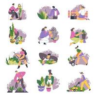 Gardening people planting flowers, botany in pots vector