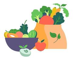 Bag and bowl with vegetables and fruits vector