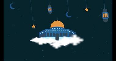 Animation d'arrière-plan 4k de la célébration islamique pour isra mi'raj ou eid mubarak avec al quds, lanternes, lune et étoiles. video