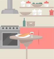 Kitchen interior design with served food on table vector