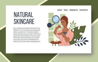 cosméticos y productos para el cuidado de la piel, lociones y cremas naturales y orgánicas con efecto hidratante y lifting. dama aplicando suero por espejo. plantilla de aterrizaje de sitio web o página web, vector en estilo plano