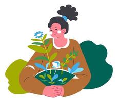 Woman growing flowers, girls with houseplants