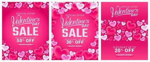 venta oferta especial feliz día de san valentín fondo de saludo, conjunto de fondos abstractos con amor y patrón de color rosa para pancarta, afiche, plantillas de diseño de portada, historia de papel tapiz de alimentación de medios sociales vector