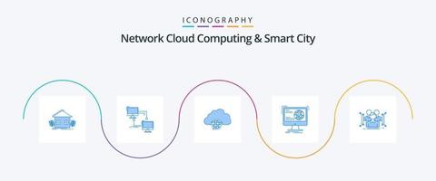 Network Cloud Computing And Smart City Blue 5 Icon Pack Including development. information. sync. infrastructure. globe vector