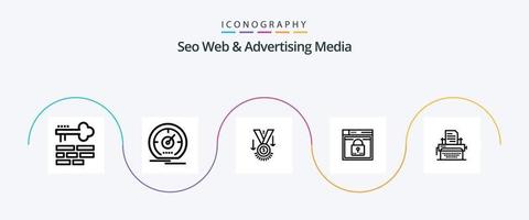 seo web y publicidad media línea 5 paquete de iconos que incluye diseño. seguro. velocímetro. acceso. ganador vector