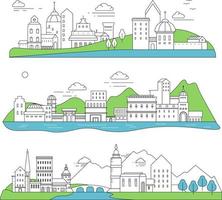 Cityscape or view of city or town, architecture and buildings. Landmarks and sightseeing, construction near river or sea, downtown and center district. Skyscrapers high rises. Vector in flat style