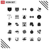 Pack of 25 creative Solid Glyphs of cloud sport dumbbell soccer ball Editable Vector Design Elements