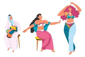 Cultura árabe, actuación de bailarines y músicos. vector