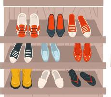 Shelf with shoes, sneakers and heels shop store vector