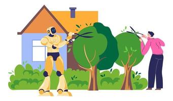 Robot helping to trim trees, gardening assistance vector