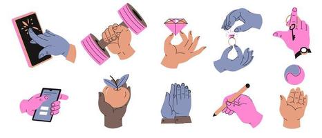 Hand gestures, touch smartphone holding pen set vector