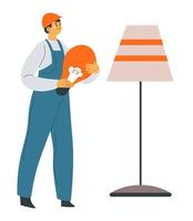 Electrician man with light bulb fixing lights vector