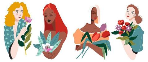 mujeres con ramos de flores, regalo de vacaciones presente vector