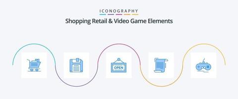 Shoping Retail And Video Game Elements Blue 5 Icon Pack Including gamepad. wireless. board. joystick. paper vector