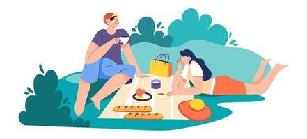 pareja en picnic disfrutando de comida y vector de compañía