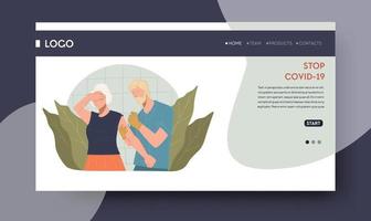 Stop covid 19, getting vaccine and protecting organism from viruses and diseases. Patient at clinics with doctor. Website or web landing page template with navigation buttons. Vector in flat style