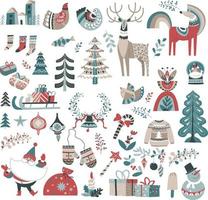 Xmas decorations and ornaments, preparation and celebration, special occasion. Pine tree and presents, sleigh and deer with wolf, baubles and snowball with city buildings. Vector in flat style
