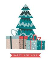 Happy new year christmas presents under pine tree vector