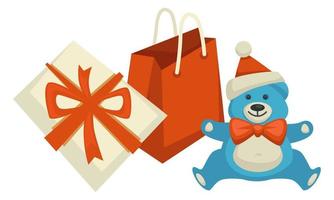 Present with ribbons and bows, plush bear with hat vector