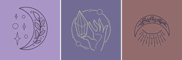 Crescent moon and flora, magic crystal in hands vector