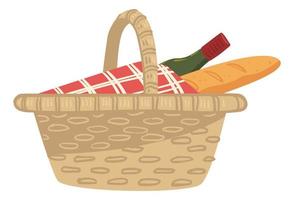 Basket with wine and baguette, cloth for picnic vector