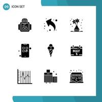 Pack of 9 creative Solid Glyphs of cone beach art pay marketing Editable Vector Design Elements