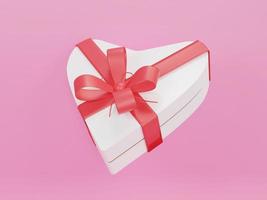 3D White Love gift box and red ribbon bow isolated on pink. Valentine Gift.holyday,wedding,romantic,festive, christmas, new year present. Happy valentine's day photo