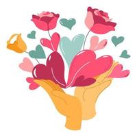 Romantic bouquet gift with flowers and balloons vector