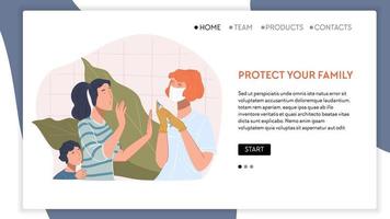 Protect your family, woman refusing to get vaccination. Mom and kid do not want to be vaccinated. Stop covid. Website or web landing page template with navigation buttons. Vector in flat style