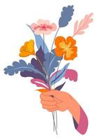 Bouquet of flowers in hand, blossom and bloom vector
