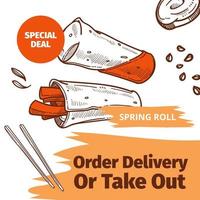 Order delivery or take out, spring roll in menu vector