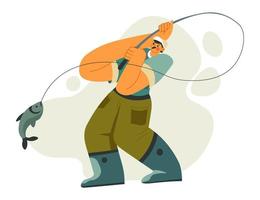 Man catching fish, hobby of fisherman with rod vector