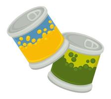 Canned peas and corn seeds, vegetables in can vector