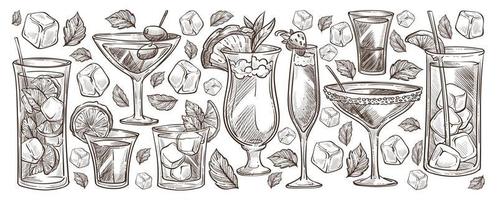 Cocktails and alcoholic beverages monochrome set vector