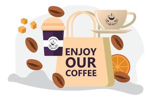 disfruta de nuestro café, tienda o casa con bebidas vector