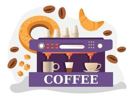 máquina de café con tazas, frijoles y pasteles horneados vector