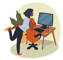 mujer cansada estirándose y trabajando por computadora vector