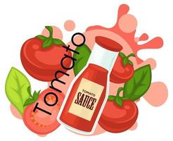 salsa de tomate en botella, sabor vegetal y albahaca vector