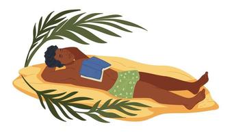 hombre acostado en la playa, cansado durmiendo siesta con libro vector