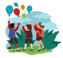 Children playing at school yard throwing balloon vector