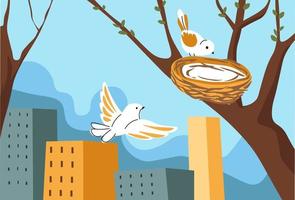 pájaros que anidan en el árbol en el vector de la temporada de primavera de la ciudad