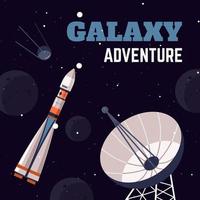 Galaxy universe adventure, spaceship and satellite vector