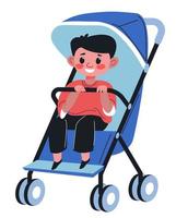 Baby boy sitting in perambulator holding handle vector