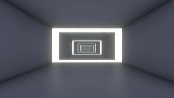 Animación de video 3d futurista del paso del túnel de la nave espacial con lámparas de luz cuadradas entre paredes