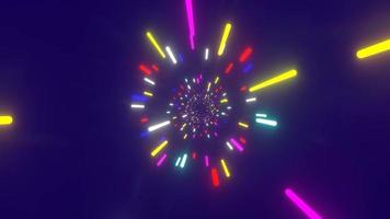 Futuristic 3d video animation of colorful light stick tunnel lights and purple color background