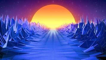 abstrait paysage rétro bleu violet dans le style ancien des années 80, 90 avec des montagnes de roches de route et du soleil, arrière-plan abstrait. vidéo 4k, conception de mouvement