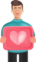 illustration cartoon man holding a pink board with heart symbol. Handsome cartoon character man in blue shirt holding heart shape symbol isolated over white background png