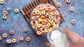 verter leche en un tazón de cereal de anillo colorido video