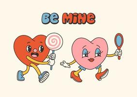 Retro Groovy Valentine's day characters with slogans about love. Trendy 70s cartoon style. Card, postcard, print vector